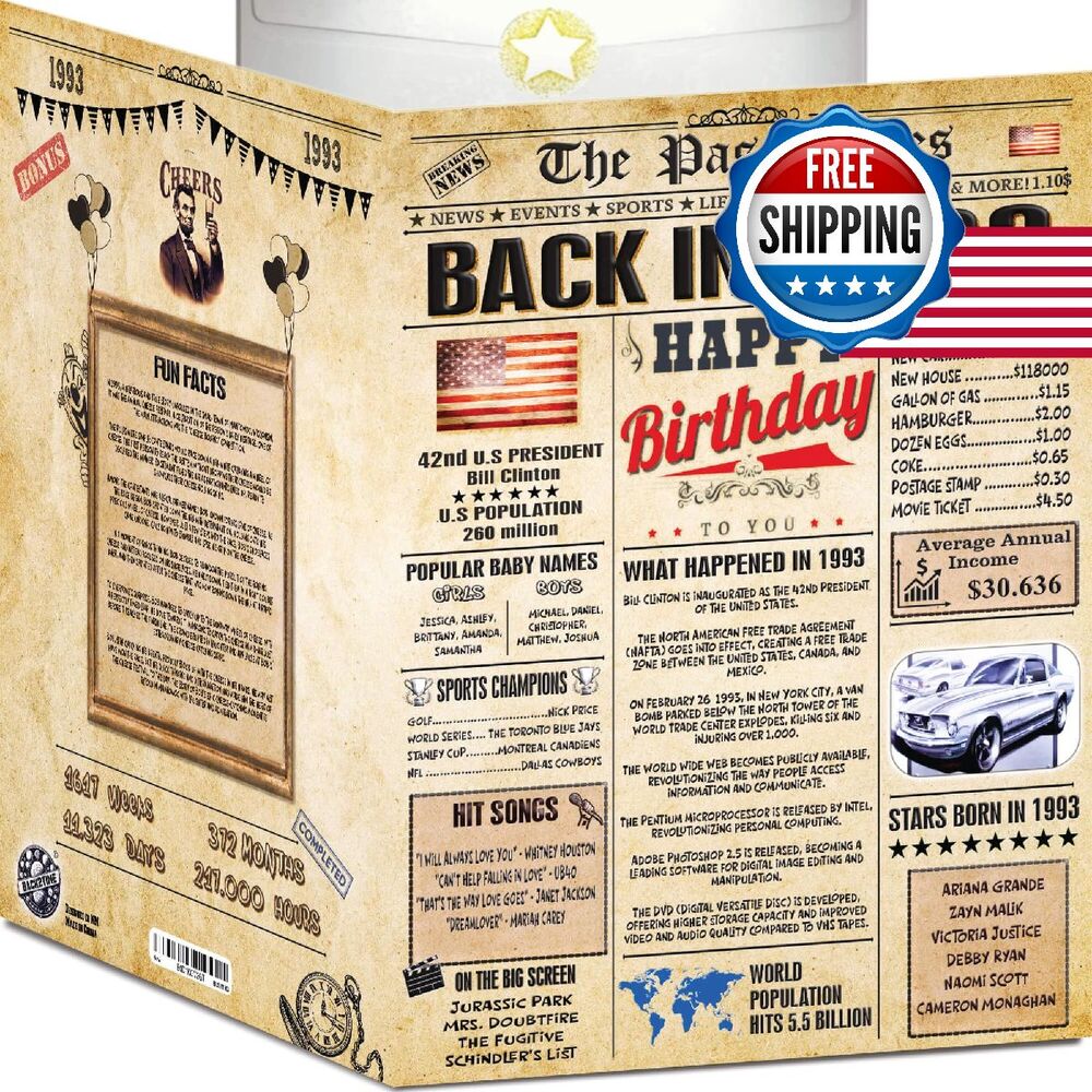 33rd Birthday Card - Back In 1993 Newspaper Design - Happy 33rd Birthday Gift